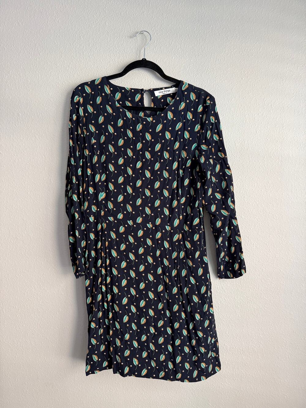 Nice Things Paloma S Sz 10 Tunic Mini Dress Navy Leaf Print Long Sleeve Sz 42